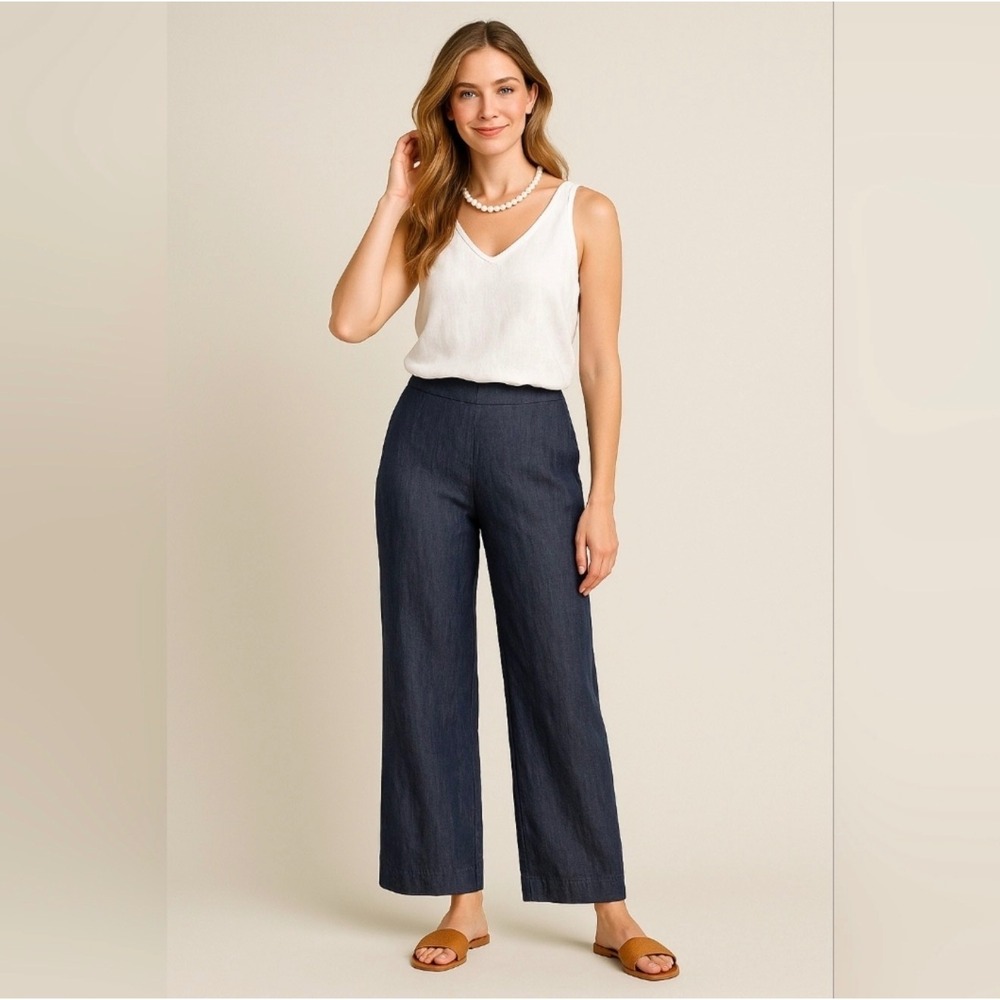 CAbi navy grey vintage wash linen wide leg pull on trouser pants career wear‎
